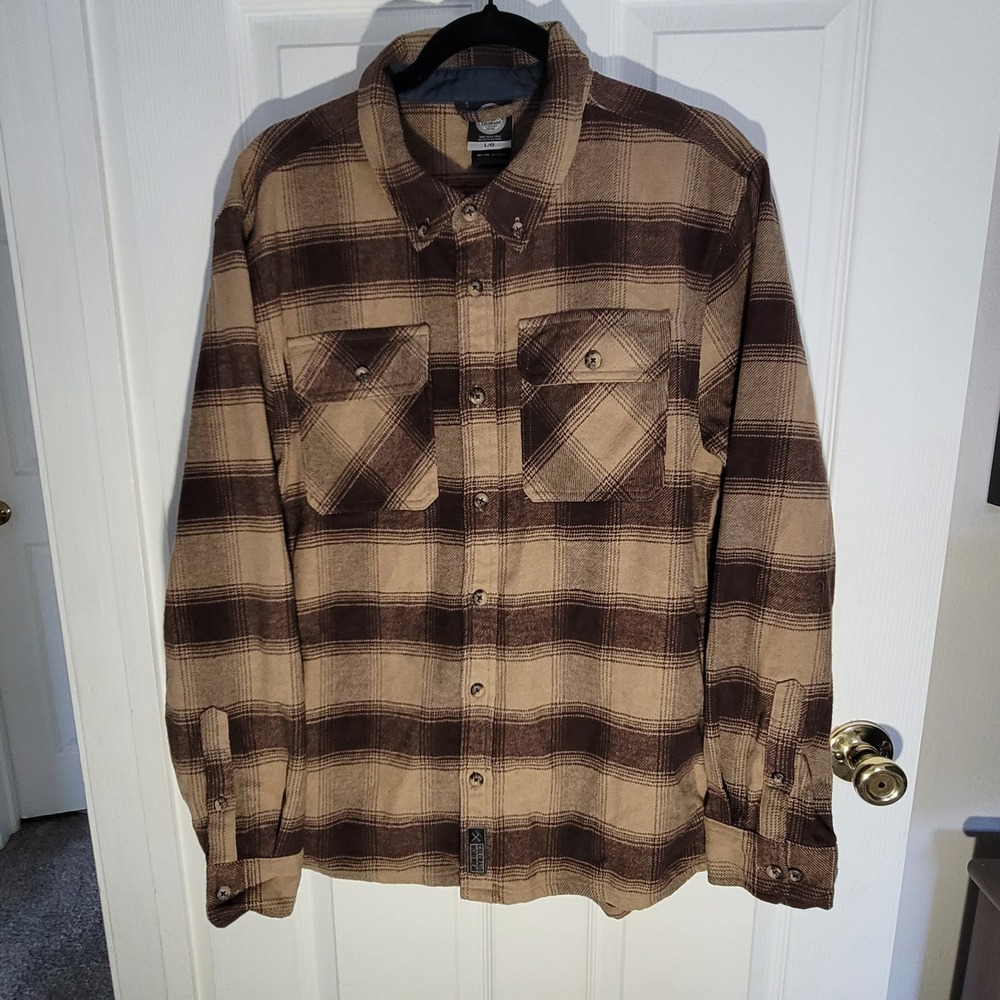 Colorado Clothing Flannel Shirt Mens L Brown Tan Plaid Workwear Side Pockets